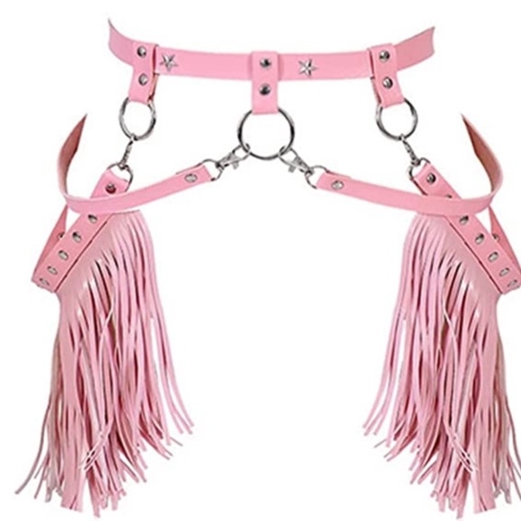 Punk Leather Waist Chain Black Tassel Fringe Belt Rave Belly Belt Harness Bikini